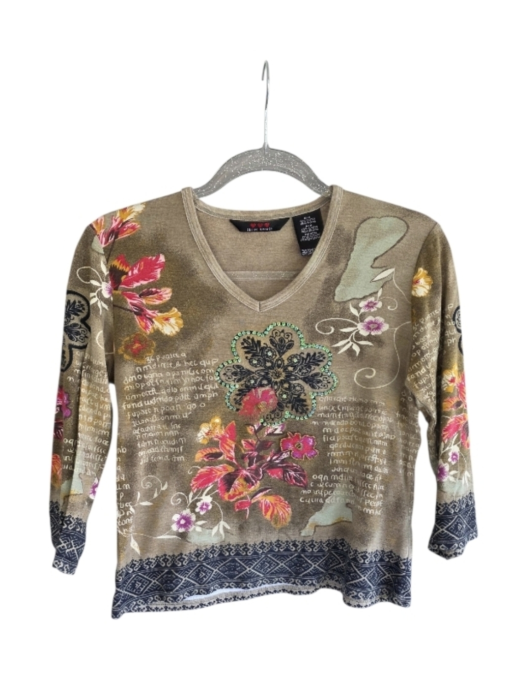 Vintage Y2K Three Hearts Tan Floral 3/4 Long Sleeve Tee Cotton Sequin Bling Top
